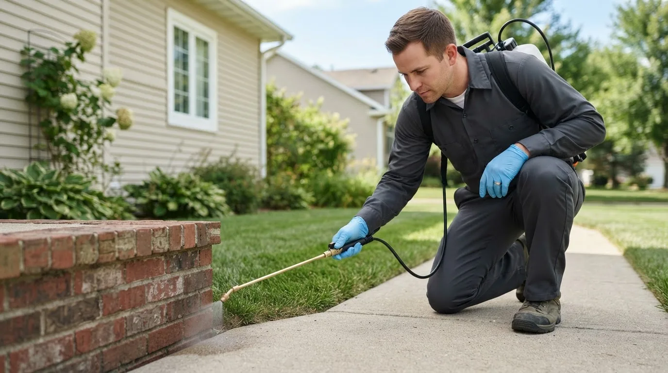 Pest control technician treating a home near Wildersville, TN